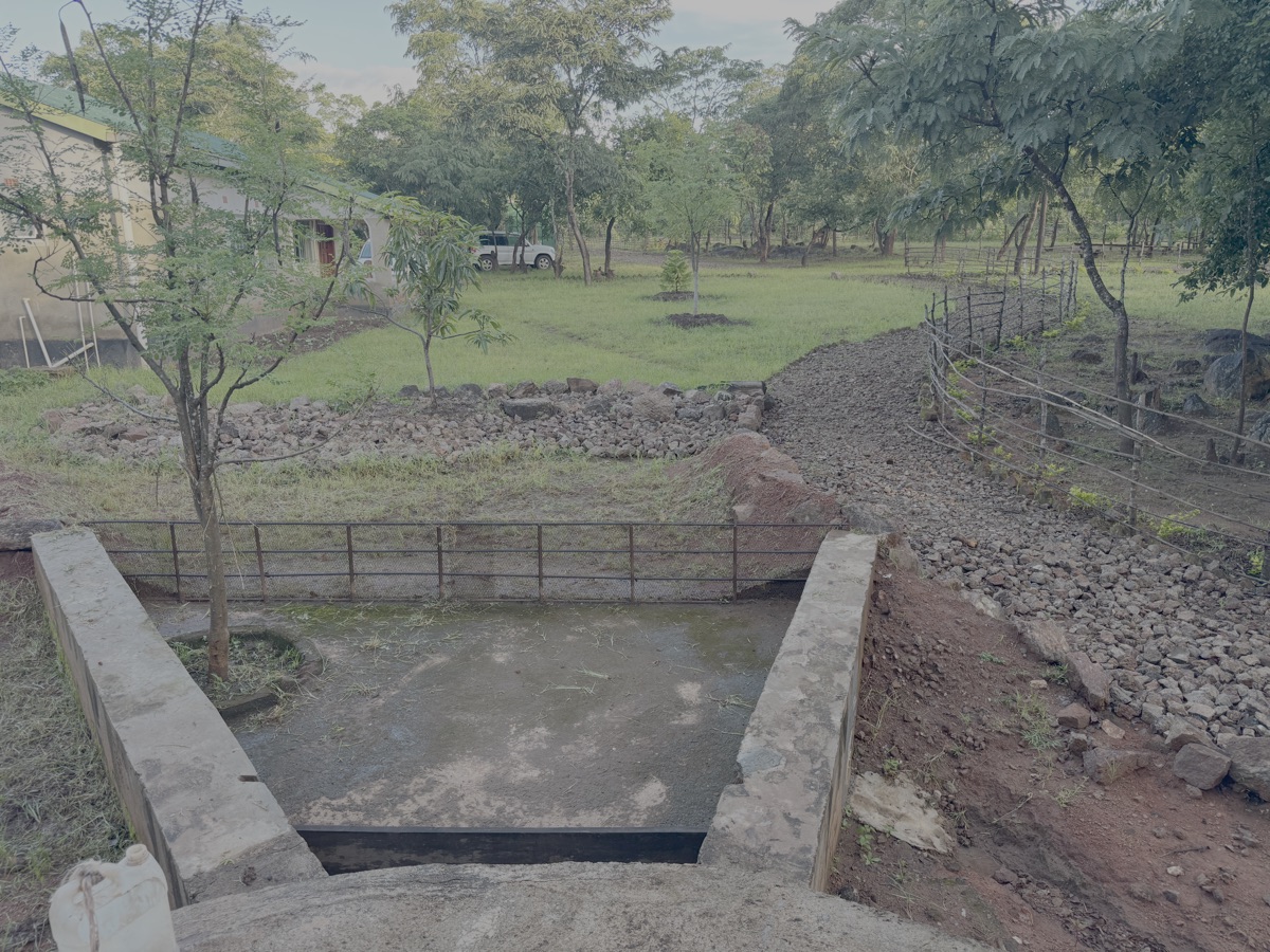 Foto genomen vanaf het reservoir. Dit hebben we twee jaar geleden aangelegd. Het reservoir wordt gevuld bij regen en bevat 40.000 liter water. Nu zit het vol.